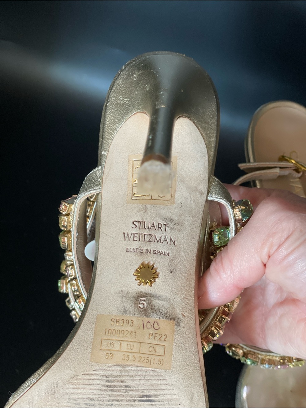 Stuart Weitzman Jaide 100 Gem Encrusted Metallic Sandal Gold Size 5 - Picture 4 of 7